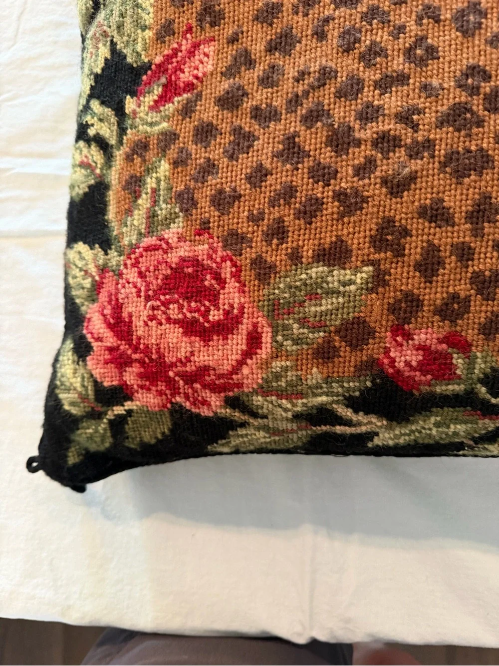 Floral Needlepoint Accent Pillow in Black, Pink & Brown